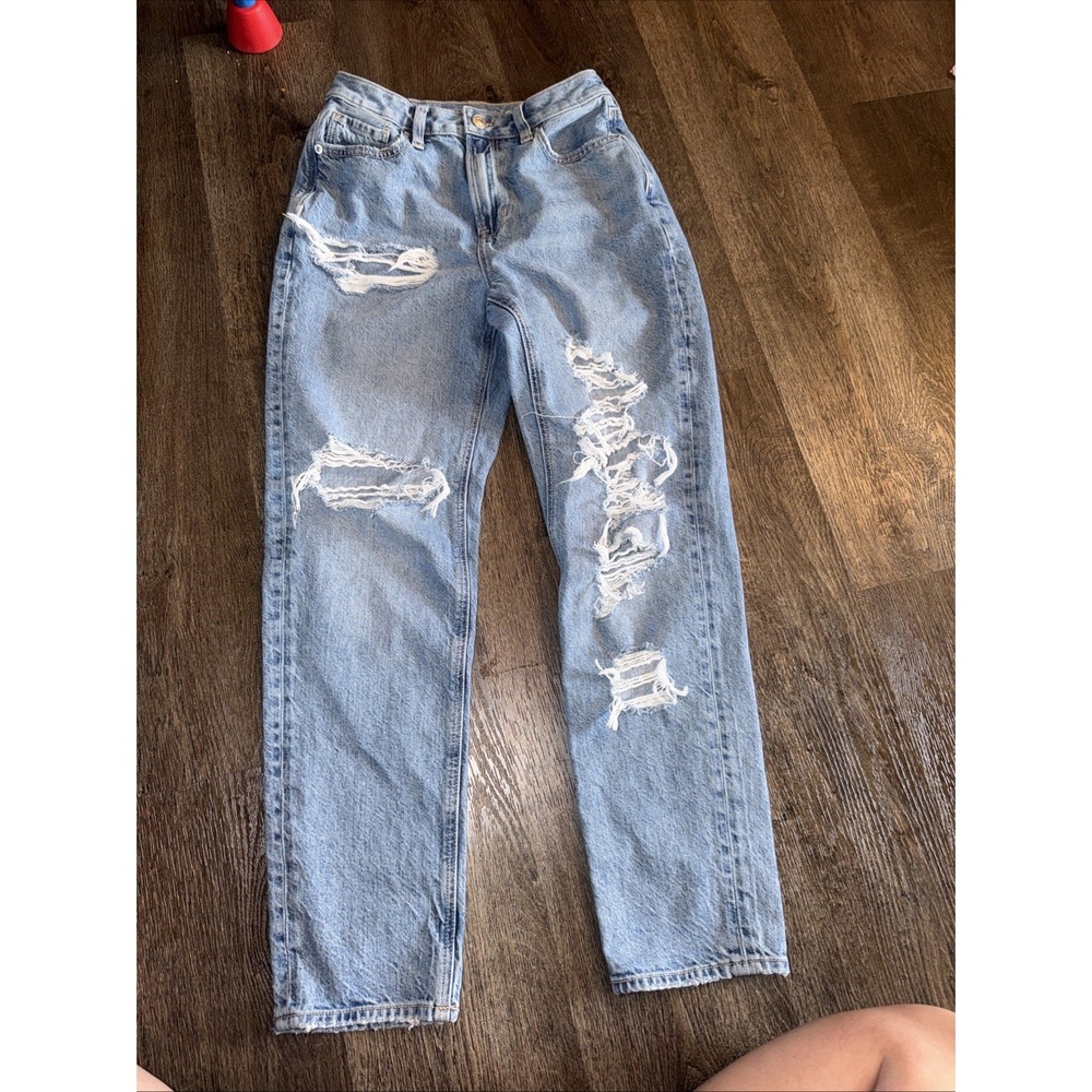 American Eagle Jeans Women 2 Denim High Rise Baggy Tapered Mom Destroyed